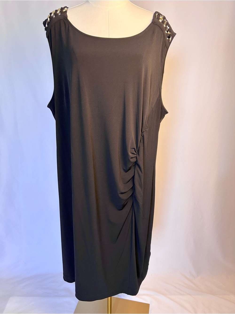 Dana Buchman Woman Black Sleeveless Ruched Dress with Gold Chain Shoulders - 2X